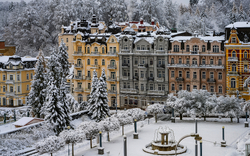 Verschneite Altstadtfassaden und Bäume im Winter.